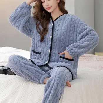 Pijamale Femei, Pijamale Set De Lână De Iarnă Catifea 2 Bucati Acasa Costum Somn Pufos Coreean Noapte Caldă Purta