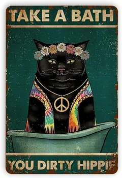 Pizigci Pisica să Ia O Baie Murdar Hippie Retro de Metal de Staniu Semn, Epocă de Fier Pictura Decor Baie Arta de Perete Decor pentru Casa