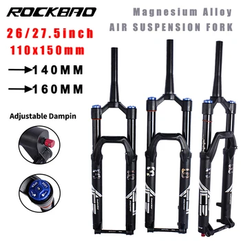 ROCKBAO Bicicleta Furculita Rebound Reglabil MTB Aer 26/27.5 Inch, Suspensie Fata 140/160 mm Călătorie Conice 110X15mm Furculita Piese de Bicicletă