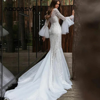 RODDRSYA Tul Strălucitor Rochie de Mireasa Sirena 2023 Flare Sleeve V-Neck Rochie de Mireasa Delicate Aplicatii din Dantela Elegante vestido de novia