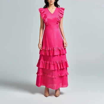 ROSELLA Roz de Lux pentru Femei Rochie de Petrecere Zburli V Gât Formale de Performanță Etapă Rochie de Seara Niveluri Haute Couture Rochie Lunga