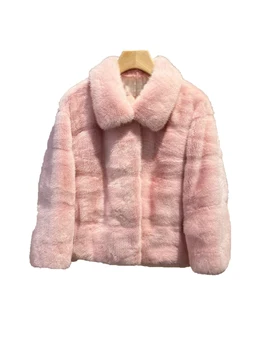 Roz Rever Scurt Jacheta de Moda de Înaltă Atmosferă Confortabilă Sute de 2024 de Toamnă și de Iarnă Noi 1116