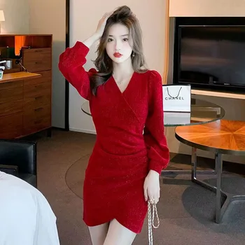 Roșu de Mătase Strălucitoare Chenille Elegant și Destul de Femei Rochie de Primavara-Iarna Petrecere de Lux Rochie de Seara 2024 coreean Bodycon Vestidos