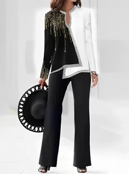 Set De Două Piese Femeile Tinuta 2023 Spring Fashion Print V-Neck Maneca Lunga Tiv Asimetric Sus & Ocazional Talie Mare Pantaloni Set