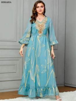 Siskakia Moda Floral Cu Paiete De Aur Broderie Dantela Rochie Cu Eșarfe Flare Sleeve V-Neck Halat Elegant Pentru Dubai Femei
