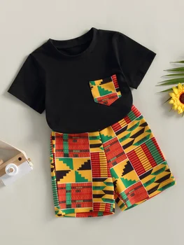 Stilul boem 2PC Set pentru Baieti-African Grafic Scurt Maneca tricou cu Ankara Dashiki pantaloni Scurți Perfect Tinuta de Vara