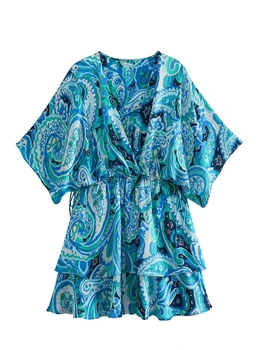 TRAF 2023 Vara Noi Femeile Boem Print Floral Plaja Dress V Gâtului Mâneci Scurte Înnodate Fusta Mini Vacanta de Stil