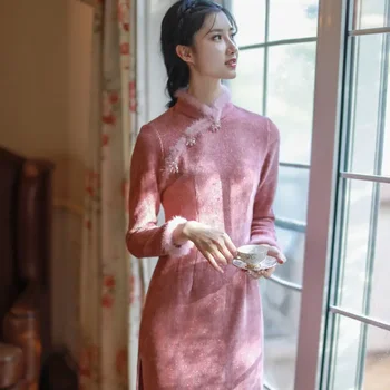 Toamna Roz Cu Maneca Lunga Slim Qipao Chineză Rochie Chic Halat Orientale Tradiționale De Catifea Vestido Chino Mujer Moderne Cheongsam