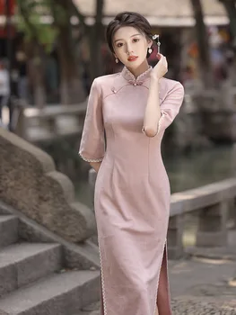 Tradițional Mandarin Guler Flare Sleeve Piele De Căprioară Qipao Femei Velour Cheongsam Retro Rochie Chinez Hanfu Vestido