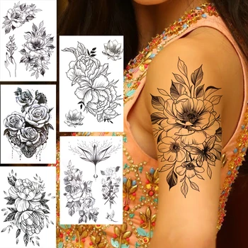 Trandafir Bujor Tatuaje Temporare Pentru Femei Fete Negru Lotus Dahlia Narcisa Henna Tatuaj Floare Autocolant Fals Bijuterii Tatuaje Braț Picior