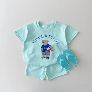 Vara Haine pentru Copii Nou-născuți Băieți și Fete, Îmbrăcăminte Set Drăguț Mic Urs Imprimat cu Maneci Scurte T-shirt și pantaloni Scurți Set de 2 Piese