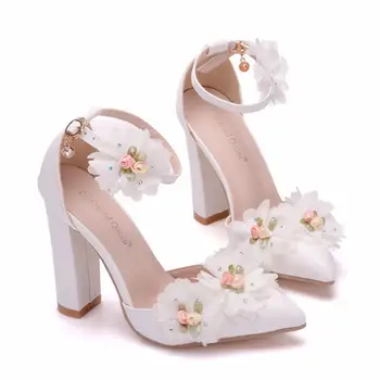 Vara din piele albă floare a subliniat deget de la picior gros cu toc înalt de mireasa, pantofii de mireasa cu rochie superficial gura plus dimensiunea femei sandale