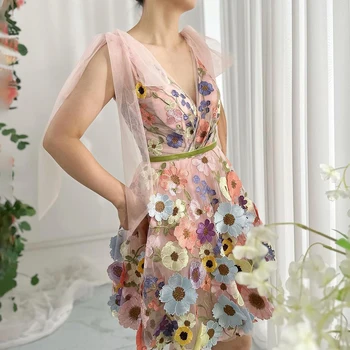 Verngo Curele de Spaghete Absolvire Dress V Gâtului Partid Rochie de Flori 3D Mini Rochie O Rochie de Printesa Rochie de Seara