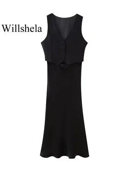 Willshela Femei De Moda De Mătase Neagră, Vestă Mozaic Tubulare Laterale Cu Fermoar Rochie Midi Vintage V-Neck Femei Lady Chic Rochii