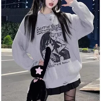 Y2k Harajuku Femei Maneca Lunga Sueter Mujer De Epocă Anime Imprimare Kawaii Tricotate O De Gât Pulovere Pulovere