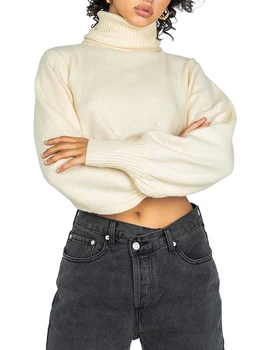 Yoawdats Femei s Primăvară Scurt Tricot Pulover de Culoare Solidă Maneca Lunga Glugă Gât Pulover de Tricotaje Estetice Haine Streetwear