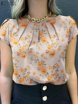 ZANZEA Moda Design Cutat Tricou Casual de Vacanta Camasa de Vara Floral Imprimat Bluza Femei cu Maneci Scurte O-Gât Topuri Supradimensionate