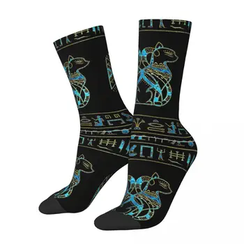 Șosete pentru Bărbați Pisici Aur Și Albastru Vitralii Epocă Egiptul Antic Egiptean de Calitate, Model Imprimat Crew Sock fără Sudură Cadou